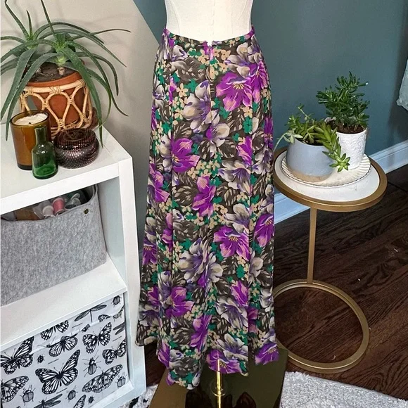 Dana Buchman 100% Silk Vintage Bias-Cut Floral Midi Skirt Size 4 Y2K Late 90s - Picture 6 of 12